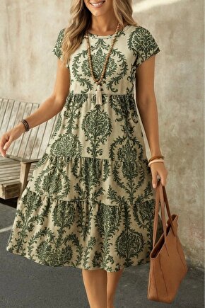 Kadın Kısa Kollu Bisiklet Yaka Desenli Fırfırlı Süprem Elbise
