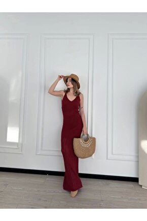 Örgülü Uzun Triko Elbise - Bordo