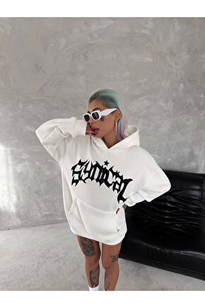 Unisex Üç İplik Kapüşonlu Baskılı SweatShirt - Beyaz