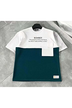 Unisex Torba Cep Detaylı Parçalı T-Shirt - Lacivert