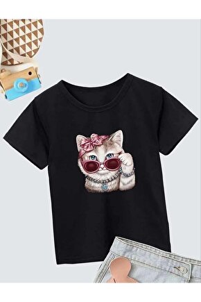 Kız Çocuk Bisiklet Yaka Baskılı T-Shirt - Siyah