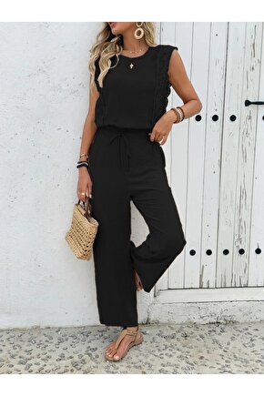 MODAVERA Kadın Kolsuz Bisiklet Yaka Aerobin Bluz Ve Bağcıklı Pantolon