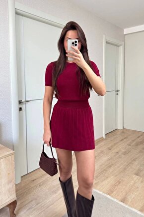 Kısa Kollu Bluz Mini Etekli ikili Takım Triko - Bordo