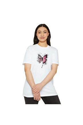 Unisex Kadın Bisiklet Yaka Baskılı T-Shirt - Beyaz