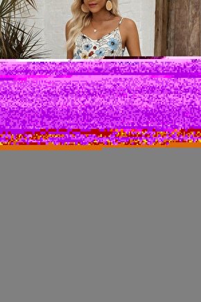 Kadın Ip Askılı Geniş V Yakalı Desenli Süprem Elbise