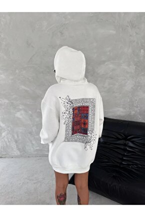 Uzun Kol Kapüşonlu Ön Ve Arka Baskılı SweatShirt - Beyaz