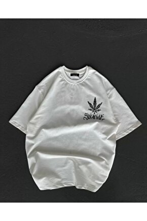 Unisex Bisiklet Yaka Baskılı Oversize T-Shirt - Beyaz