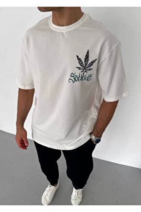 Unisex Bisiklet Yaka Baskılı Oversize T-Shirt - Beyaz