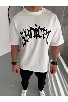 Unisex Bisiklet Yaka Baskılı Oversize T-Shirt - Beyaz