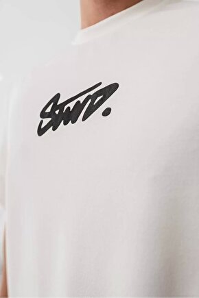 Erkek Baskılı Oversize T-shirt - Beyaz