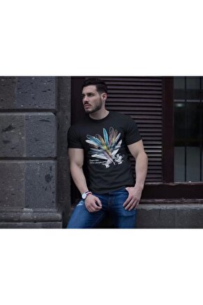 Unisex Bisiklet Yaka Baskılı Oversize T-Shirt - Siyah