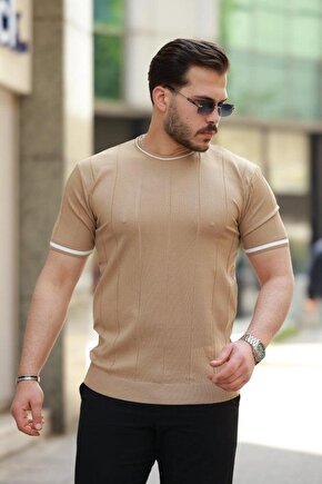 Erkek Bisiklet Yaka çizgi Desenli Ribanalı Kısa Kollu Tshirt