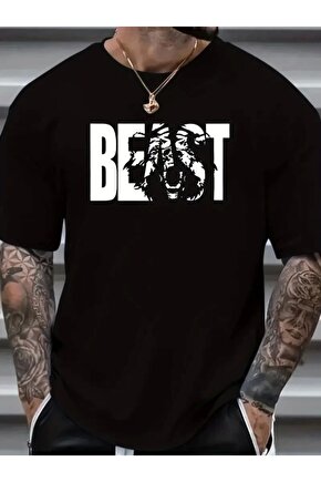 Baskılı Oversize Bisiklet Yaka T-shirt - Siyah