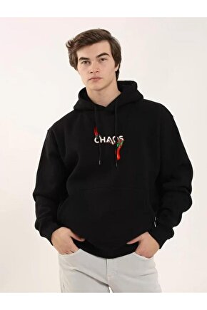 Unisex Baskılı Oversize Üç İplik Kapüşonlu Sweatshirt - Siyah