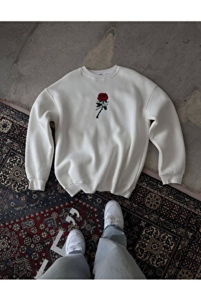 Unisex Bisiklet Yaka Ön Ve Arka Baskılı SweatShirt - Beyaz