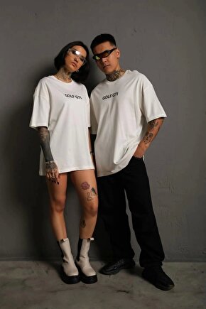 Erkek Sırt Golf Baskılı Oversize T-shirt - Beyaz