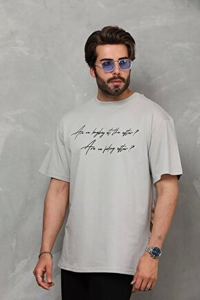 Unisex Bisiklet Yaka Baskılı Oversize T-Shirt - Gri