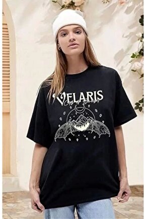 Kadın Bisiklet Yaka Baskılı T-shirt - Siyah