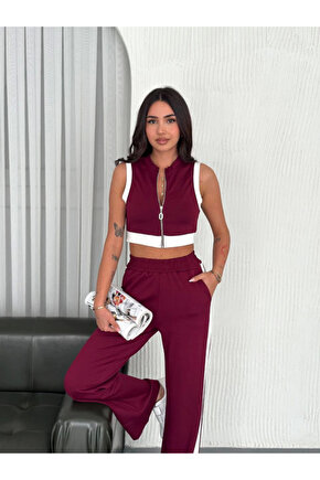 Osy Modal Yumuşak Dokulu Kumaş Tam Fermuarlı Crop Pantalon İkili Takım - Bordo