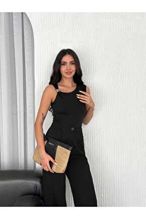 Osy Modal Yumuşak Dokulu Kumaş Bisiklet Yaka Kadın Sıfır Kol Bluz Omuz Toka Aksesuar Detaylı - Siyah