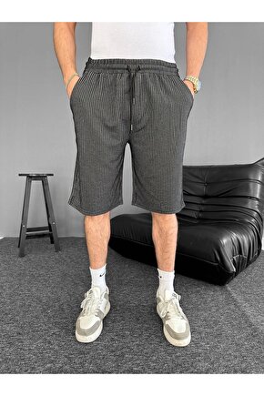 Su Yolu Çizgili Ön Arka Cepli Şort Yazlık Nefes Alabilir - Siyah