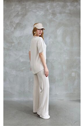 Osy Modal Yumuşak dokulu Kumaş Bisiklet Yaka Taş detaylı Kısa Kollu Takım - Kırık Beyaz