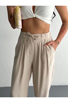 Kadın Yüksel Bel Beli Bağcıklı Rahat Boru Paça Pantalon - Kırık Beyaz
