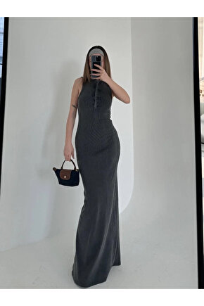 Yırtmaç Detaylı Kolsuz Düğmeli Yıkamalı Uzun Elbise - Antrasit
