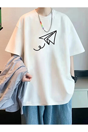 201 Penye Compack Uçak Baskılı Oversize Bisiklet Yaka Kısa Kol T-shirt - Beyaz