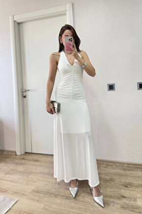 Sırt dekolteli Uzun Elbise - Beyaz