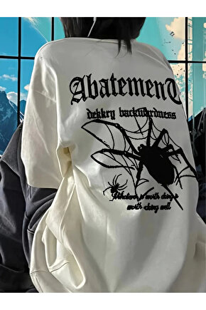 Örümcek Ağı Desenli Baskılı Oversize Bisiklet Yaka T-shirt - Beyaz