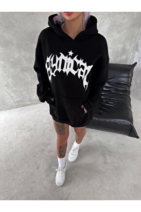Unisex Üç İplik Kapüşonlu Baskılı SweatShirt - Siyah