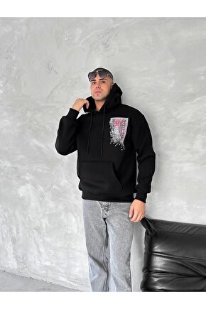 Uzun Kol Kapüşonlu Ön Ve Arka Baskılı SweatShirt - Siyah