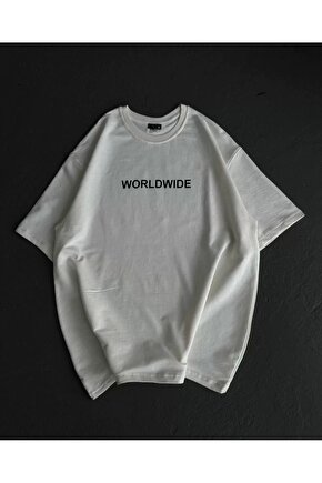 Unisex Bisiklet Yaka Baskılı Oversize T-Shirt - Beyaz