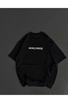 Unisex Bisiklet Yaka Baskılı Oversize T-Shirt - Siyah