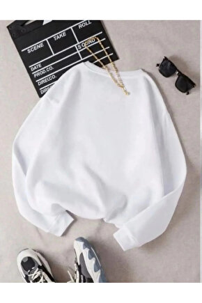 Unisex Üç İplik Biskilet Yaka SweatShirt - Beyaz