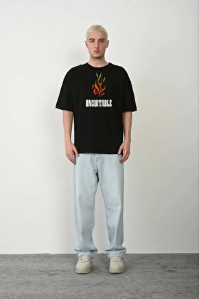 Unisex Bisiklet Yaka Baskılı Oversize T-Shirt - Siyah