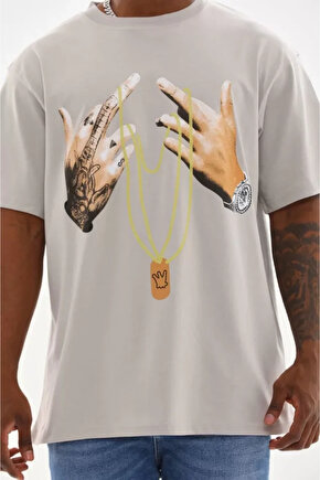 Edolika Unisex Baskılı Oversize T-Shirt - Gri