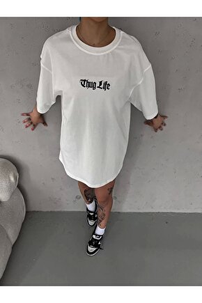 Unisex Bisiklet Yaka Baskılı Oversize T-Shirt - Beyaz