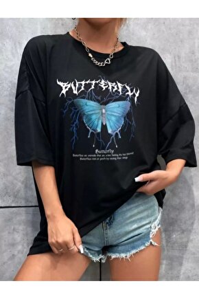 Unisex Baskılı Oversize T-Shirt - Siyah