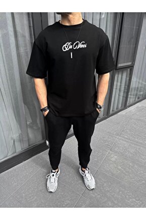 Unisex Baskılı Oversize T-Shirt - Siyah