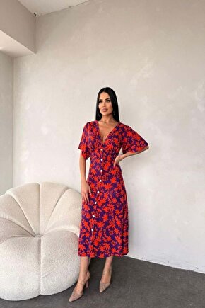 Kadın Göğüs Dekolteli Yaprak Desen Dokuma Viskon Kumaş Maxi Boy Elbise