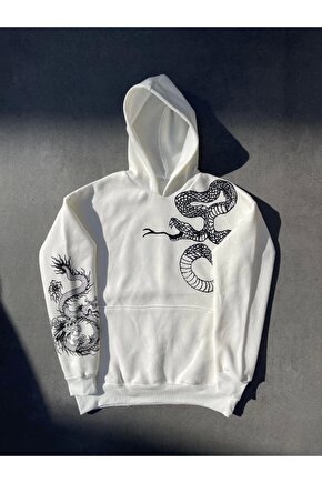 Uzun Kol Kapüşonlu Baskılı SweatShirt - Beyaz