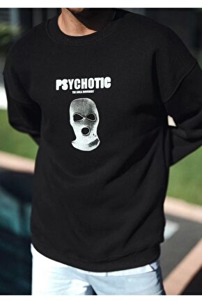 Kışlık Bisiklet Yaka Baskılı SweatShirt - Siyah