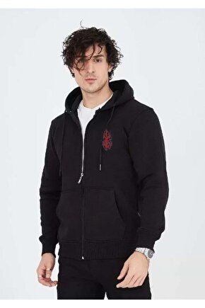 Unisex Baskılı Tam Fermuarlı Kapşonlu SweatShirt - Siyah