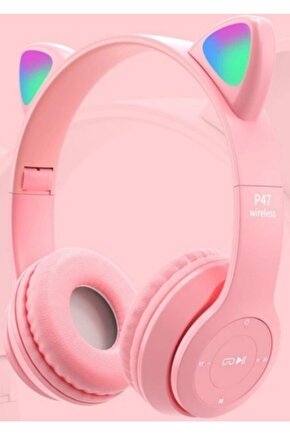 P47m Bluetooth Kedi Kulaklık Katlanabilir Sd Kart Girişli Mikrofonlu Kablosuz Led Işıklı Kulaklık