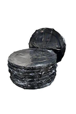 Davet Parti Sunum Doğum Günü Siyah Renkli Sert Plastik Mika Tabak - 22 Cm. -6 Adetlik 10 Pake