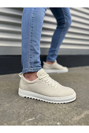 JY152 Cool Bağcıklı Keten Erkek Günlük Spor Klasik Ayakkabı KBT - Beyaz