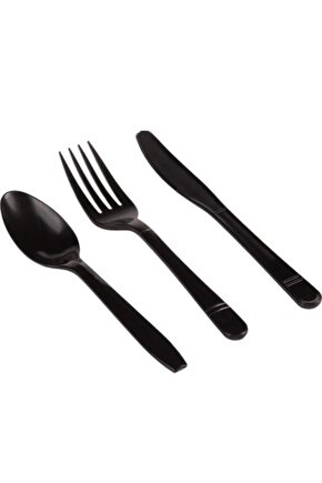 Plastik Lüks Çatal-kaşık- Bıçak 3 Lü Siyah Siyah Set 100 Lü