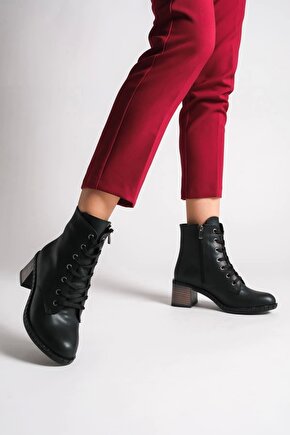 DIANA Bağcıklı Fermuarlı Ortopedik Taban TopukluKadın Bot ST - Siyah